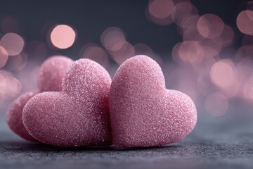 Obraz premium Close-up of three delicate, sugared pink hearts on a dark surface, with bokeh lights in the background