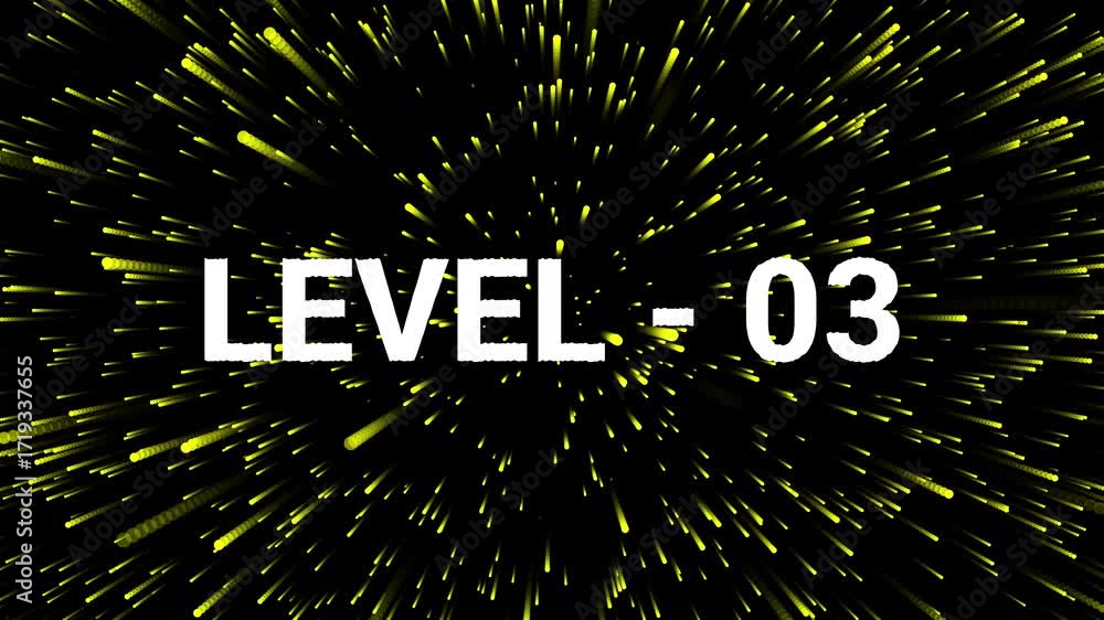 Aufkleber animated game level three transition with dynamic yellow light trails on black background. 4k text a