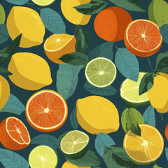 Summer Citrus Seamless Pattern with Green Leaves