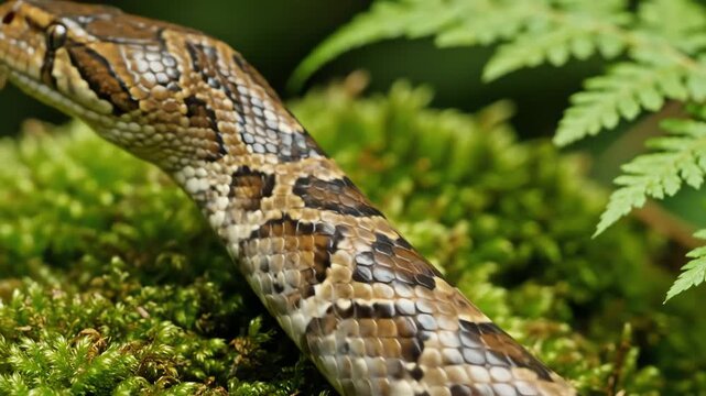 4k close-up macro shot of a Burmese python's body, showing intricate scales and textures, resting on vibrant green moss and ferns in a lush forest environment, conveying a natural