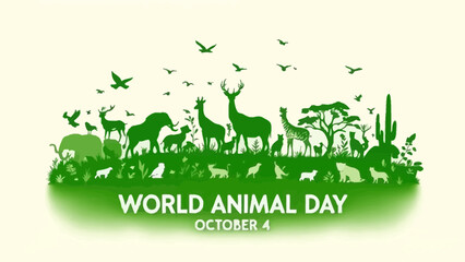 Green flat vector silhouette of various wild animals with “World Animal Day October 4” text, perfect for environment and wildlife conservation theme.