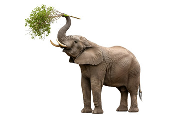 Obraz premium A magnificent African elephant reaches high to grasp a leafy branch against a stark black background.