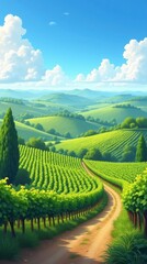 Rolling Hills of Green Vineyards Under a Blue Sky