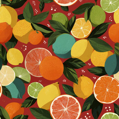 Tropical Citrus Seamless Pattern with Fruits and Leaves