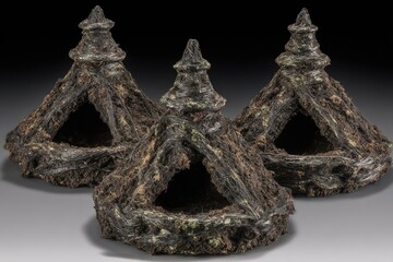 Obraz premium Three miniature, dark brown, sculpted huts