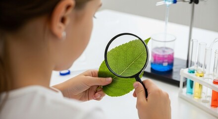 International Day of the Girl Child photo of a young student studying a leaf with a magnifying glass in a science lab