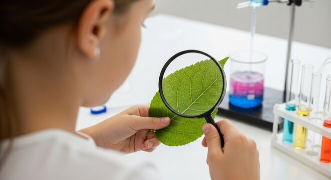 International Day of the Girl Child photo of a young student studying a leaf with a magnifying glass in a science lab