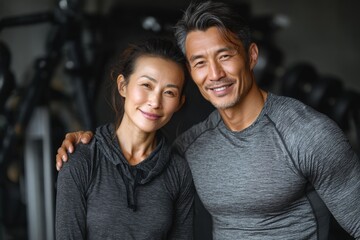 Fototapeta premium Portrait of a blissful asian couple in their 40s sporting a long-sleeved thermal undershirt isolated in dynamic fitness gym background