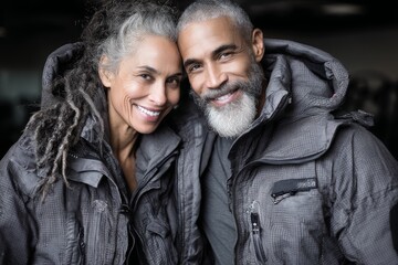 Portrait of a blissful latino couple in their 50s donning a durable down jacket in dynamic fitness gym background