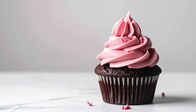 Three chocolate cupcakes with pink swirled frosting on a light surface, surrounded by scattered chocolate chips, with a sharp foreground focus and soft background blur.