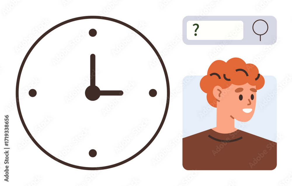 Poster large clock symbolizing time management next to a search bar and a smiling person portrait. ideal fo