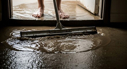 Bare Feet Pushing Muddy Floodwater with Squeegee Inside a Home