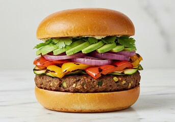 Grilled Veggie Burger with Avocado on Studio White Concrete Background 