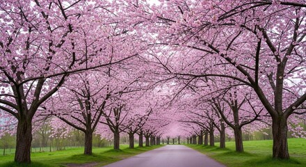 Obraz premium Pink Cherry Blossom Trees Lining a Road in Bloom in Spring Park