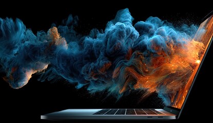Abstract digital art featuring a laptop computer with swirling, vibrant blue and orange smoke/liquid effects erupting from its screen