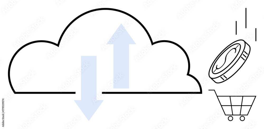 Aufkleber cloud with up and down arrows represents file transfer, paired with a shopping cart and falling coin