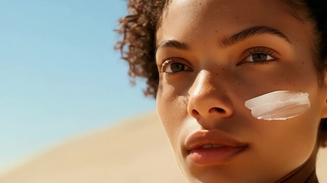 Close-up of woman with sunscreen on her cheek against sandy background