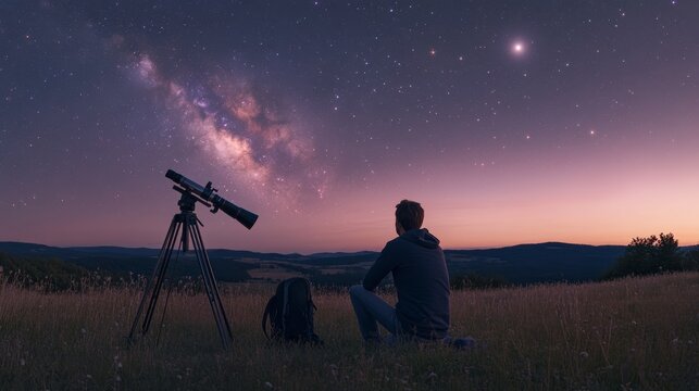 Wide-angle scene of a lone astronomer kneeling beside a portable mount in a meadow, telescope aimed at a bright Saturn ringed planet, Milky Way core faintly visible amid duskâ€™s fading glow