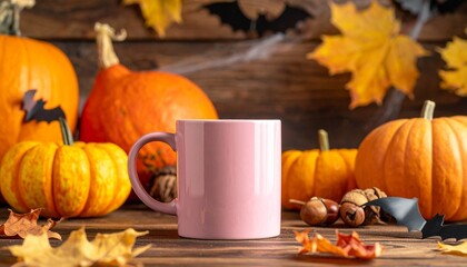 Pink ceramic mug on a wooden surface surrounded by autumn leaves, with two orange pumpkins decorated with black bats in the background, evoking a cozy Halloween atmosphere.