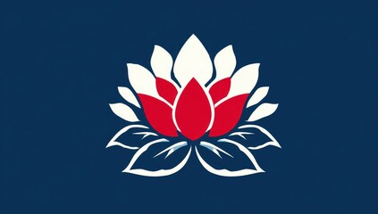 Dark blue background with stylized lotus flower; white petals, red center