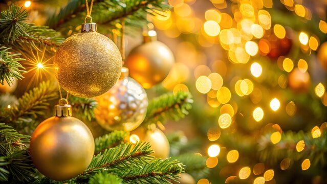 Photo of closeup of a green christmas tree decorated with sparkling golden and silver baubles and twinkling fairy lights, creating a magical holiday ambiance