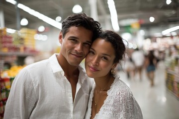 Portrait of a tender latino couple in their 30s wearing a simple cotton shirt isolated in busy supermarket aisle background