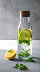 Refreshing Lemon Mint Water in Glass Carafe with Slices and Fresh Leaves