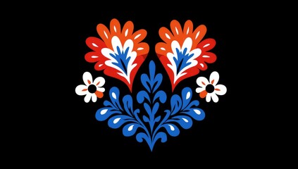 Obraz premium Floral, symmetrical design in red, orange, blue, and white on black background