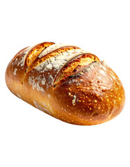 Crusty artisan loaf, golden-brown, scored top, speckled surface, slightly oblong shape,  rustic appearance