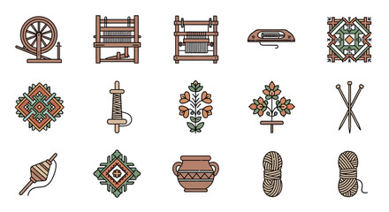 collection of traditional textile and weaving tools and patterns.