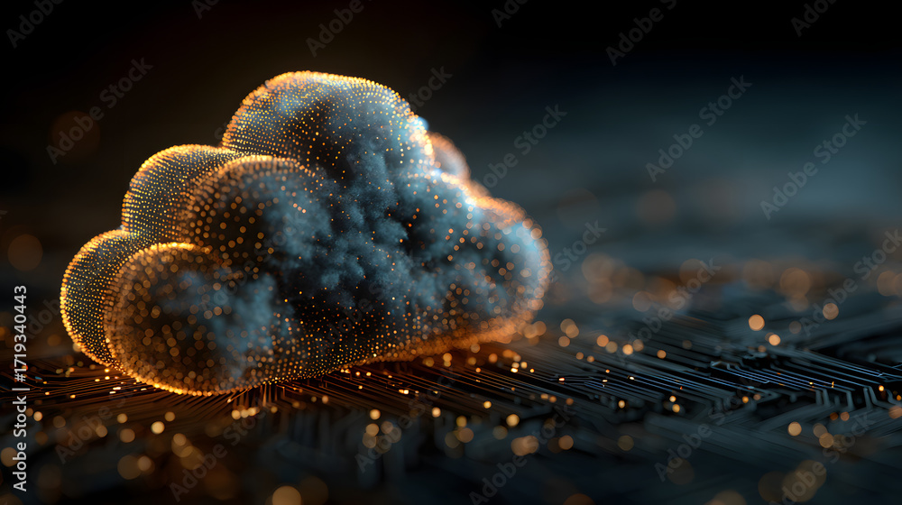Poster abstract illustration of cloud security services, stylized cloud icon integrated with a secure padlo
