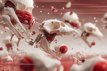 Conceptual visualization of nano-robots repairing bone tissue, ivory and subtle red tones, futuristic medical scene 
