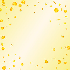 Chinese yuan coins falling. Scattered gold CNY