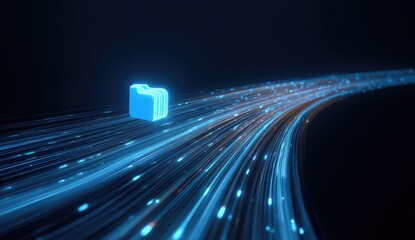 Digital folder icon travels along a pathway of glowing fiber optic lines
