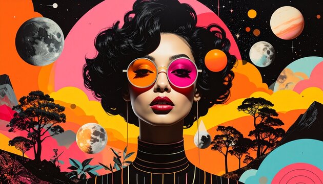 Beautiful woman face illustration with stylish hair and pink glamour accents