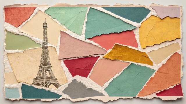 Collage featuring the Eiffel Tower surrounded by colorful torn paper pieces inspired by Parisian art