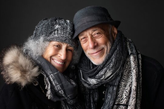 Portrait of a grinning latino couple in their 80s dressed in a warm ski hat isolated in blank studio backdrop