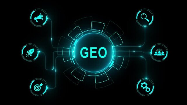 GEO Generative Engine Optimization Concept for Online Marketing. Businessperson using laptop with icons representing GEO, artificial intelligence, data analysis, on a black background