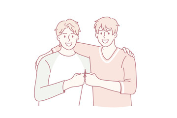 Friendship and positive emotions concept. Two young smiling happy men friends standing pulling fists together as symbol of unity and friendship vector illustration