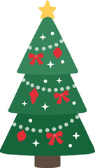 Christmas Tree flat Vector Illustration isolated.
Retro Christmas Trees with Ornaments and Star Decorations.
Transparent background.
