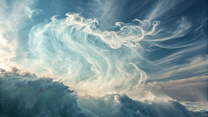 Vapor clouds swirl in dynamic motion against a dramatic sky as sunlight filters through layers of mist