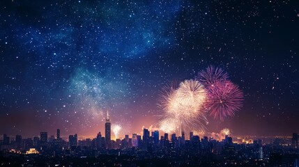 Silhouetted city skyline at bottom with explosive bursts of colorful fireworks overhead, long-exposure blur rendering Milky Way arc faintly visible behind drifting smoke
