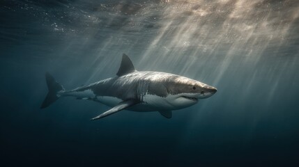 Fototapeta premium Underwater Hunter: A solitary shark, a formidable predator of the deep, glides through the ocean depths, its powerful form illuminated by beams of sunlight piercing the water's surface.