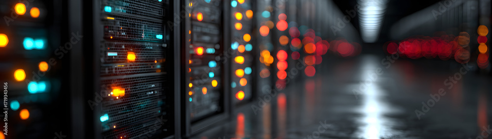 Poster close up on server rack leds in a dark data center data flow