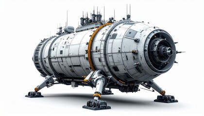 Futuristic space module with orange accents and wheeled landing gear, designed for planetary docking and scientific exploration white background