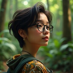 Young Woman Exploring a Lush Green Forest With Glasses