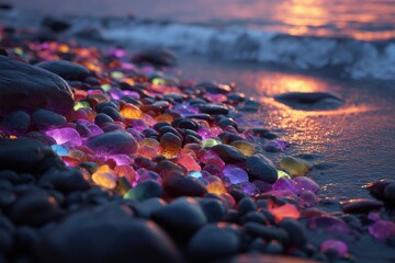 Obraz premium Colorful glowing sea glass and pebbles on a beach at sunset