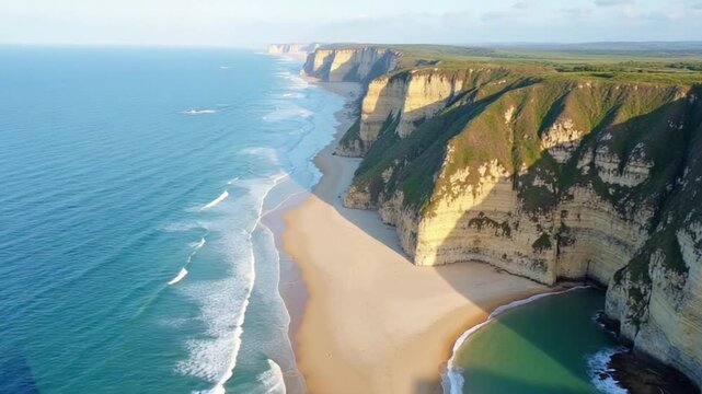 Foz Beach and Cliffs. Atlantic Ocean, Portugal. Aerial View. Moving Forward