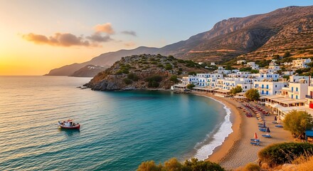 Picturesque coastal village bathed in the golden hues of sunrise