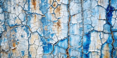 Cracked blue and white paint texture with rust and weathering